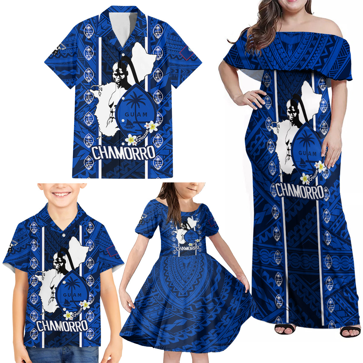 guam-chamorro-warrior-family-matching-off-shoulder-maxi-dress-and-hawaiian-shirt-traditional-tribal-patterns