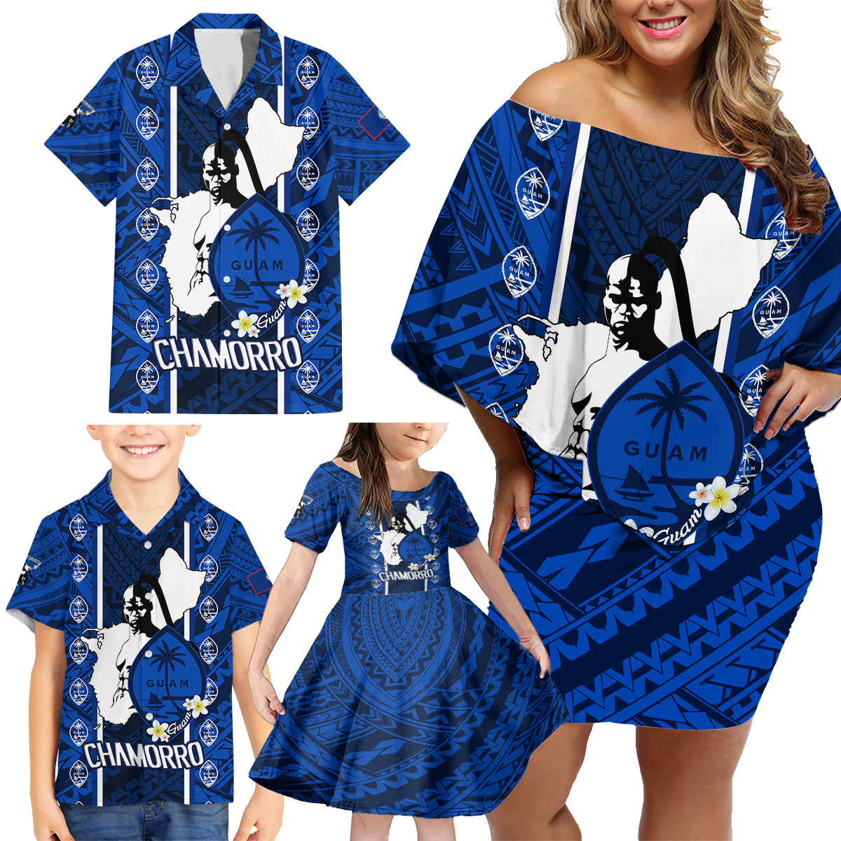 guam-chamorro-warrior-family-matching-off-shoulder-short-dress-and-hawaiian-shirt-traditional-tribal-patterns