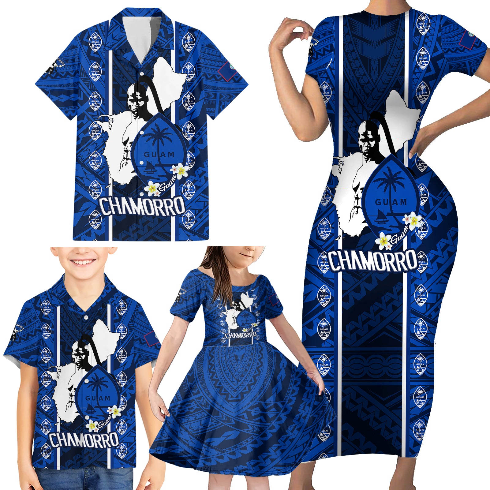 guam-chamorro-warrior-family-matching-short-sleeve-bodycon-dress-and-hawaiian-shirt-traditional-tribal-patterns