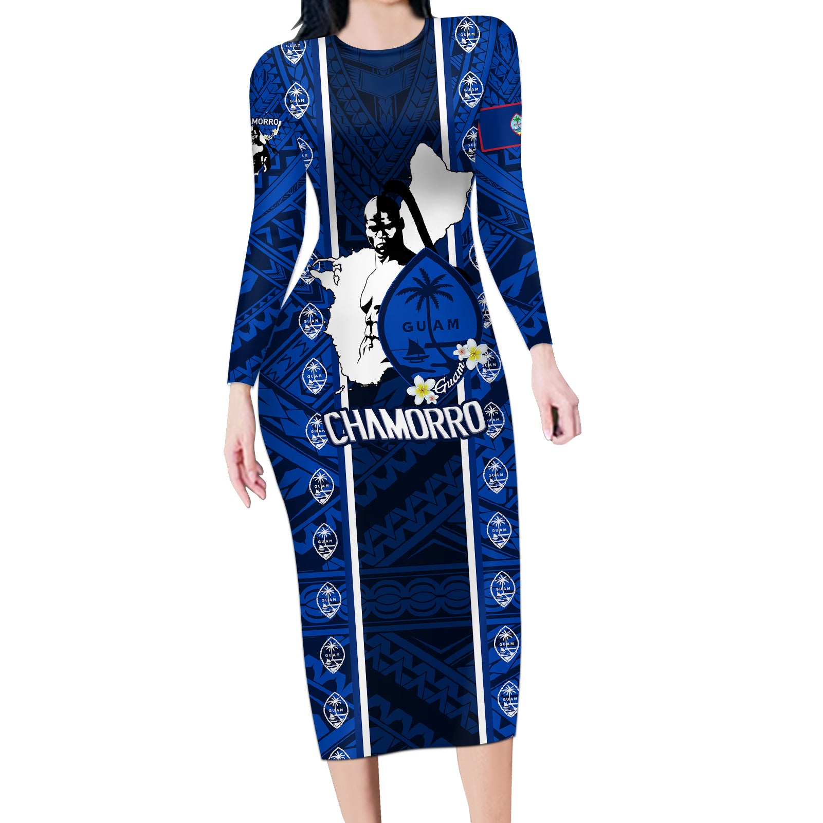 guam-chamorro-warrior-long-sleeve-bodycon-dress-traditional-tribal-patterns