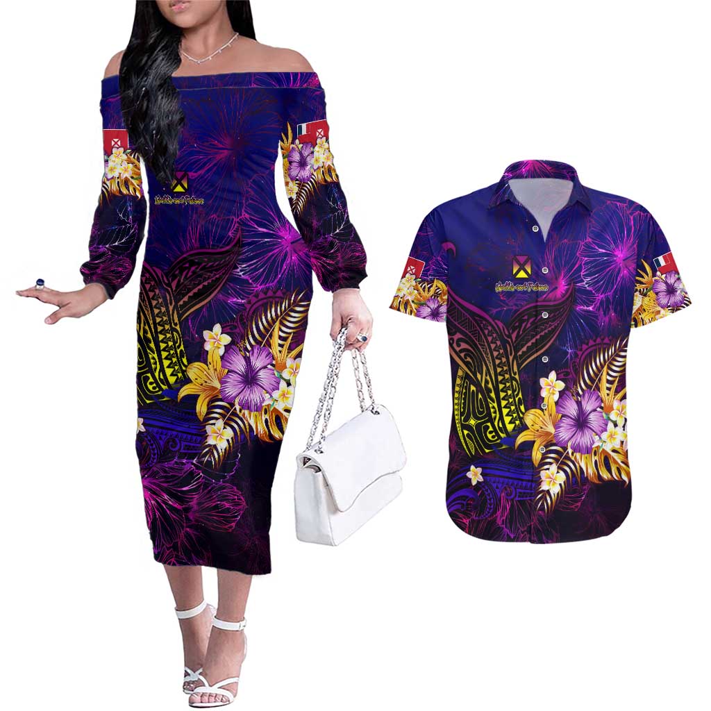 Wallis and Futuna Couples Matching Off The Shoulder Long Sleeve Dress and Hawaiian Shirt Whale Hibiscus Polynesian