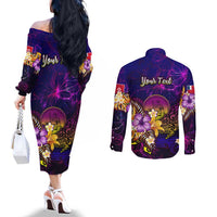 Wallis and Futuna Couples Matching Off The Shoulder Long Sleeve Dress and Long Sleeve Button Shirt Whale Hibiscus Polynesian