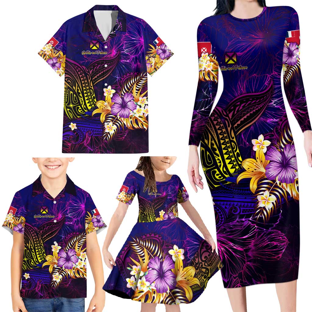 Wallis and Futuna Family Matching Long Sleeve Bodycon Dress and Hawaiian Shirt Whale Hibiscus Polynesian
