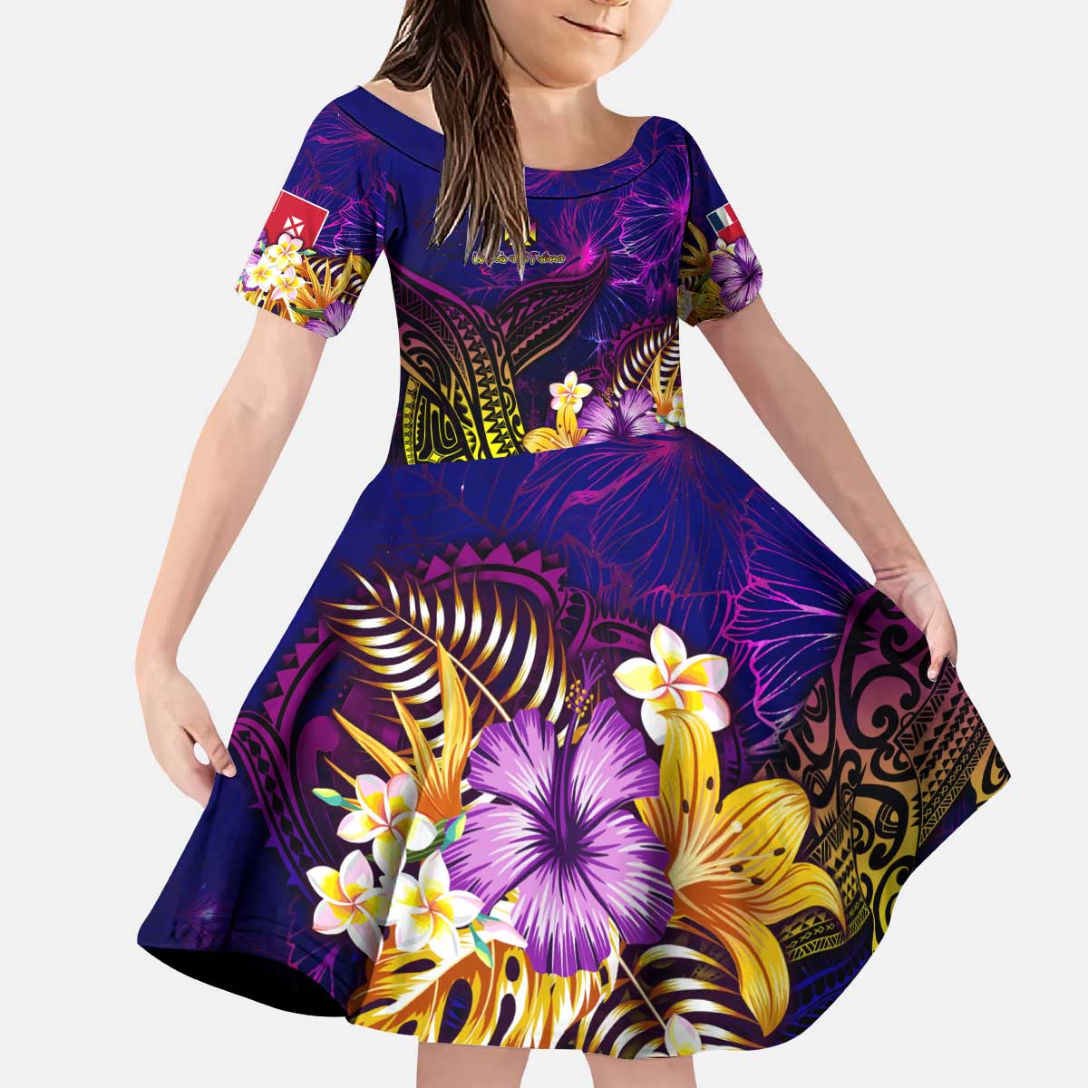 Wallis and Futuna Kid Short Sleeve Dress Whale Hibiscus Polynesian DT02 KID Purple - Polynesian Pride