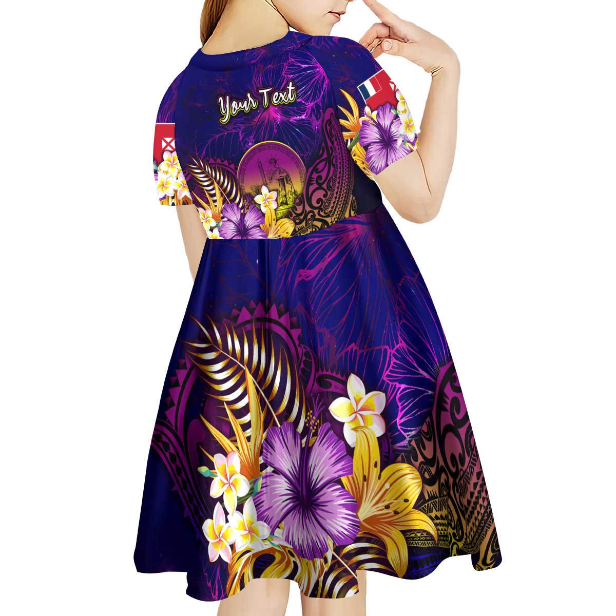 Wallis and Futuna Kid Short Sleeve Dress Whale Hibiscus Polynesian DT02 - Polynesian Pride