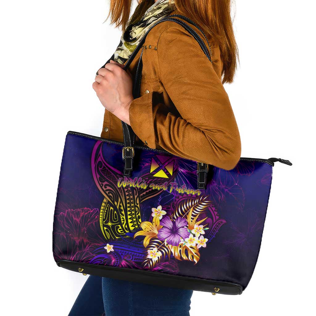 Wallis and Futuna Leather Tote Bag Whale Hibiscus Polynesian