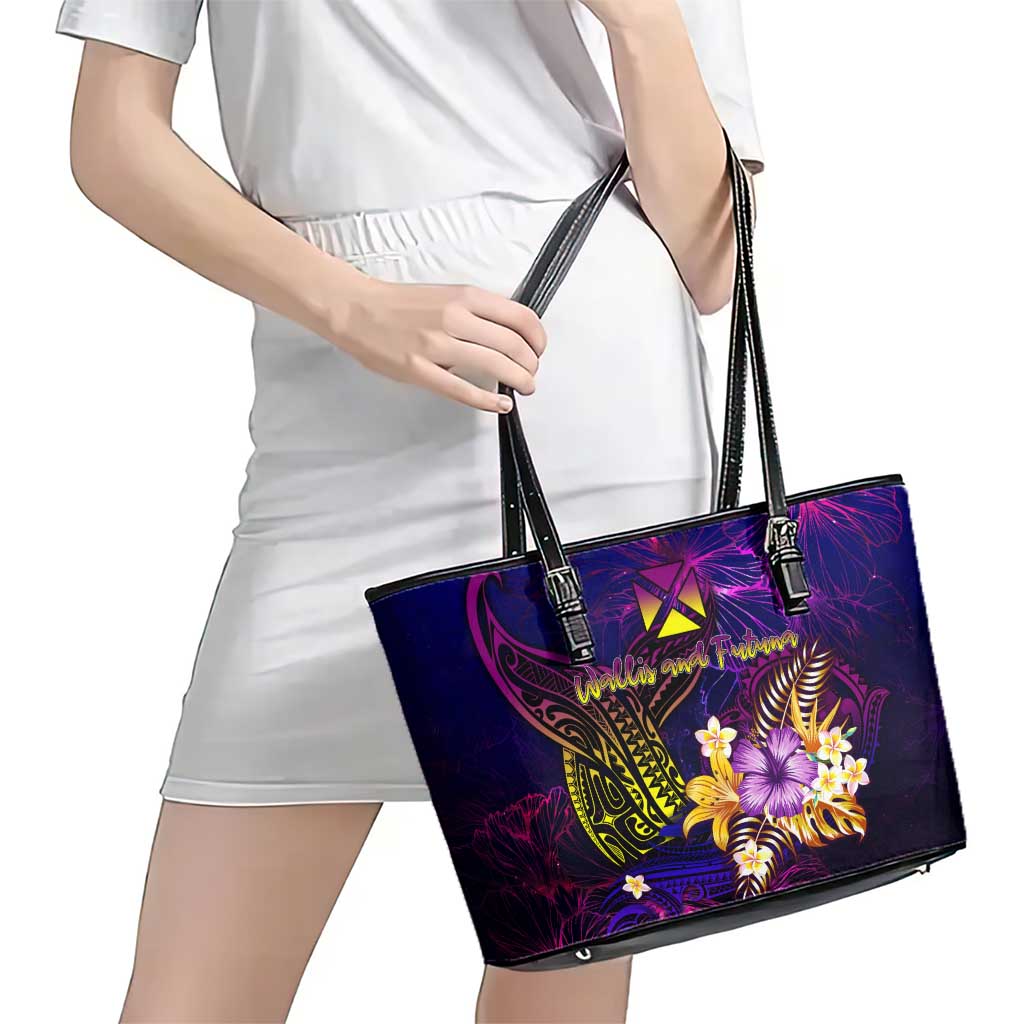 Wallis and Futuna Leather Tote Bag Whale Hibiscus Polynesian