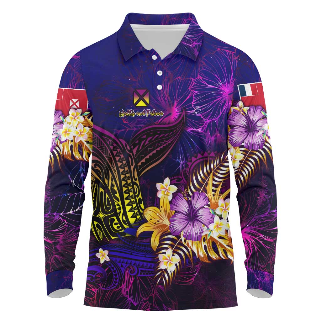 Wallis and Futuna Long Sleeve Polo Shirt Whale Hibiscus Polynesian