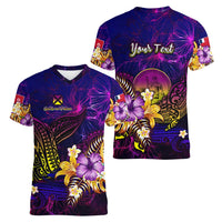 Wallis and Futuna Women V-Neck T-Shirt Whale Hibiscus Polynesian