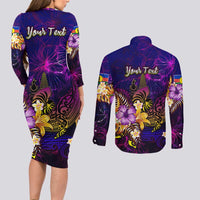 New Caledonia Couples Matching Long Sleeve Bodycon Dress and Long Sleeve Button Shirt Whale Hibiscus Polynesian