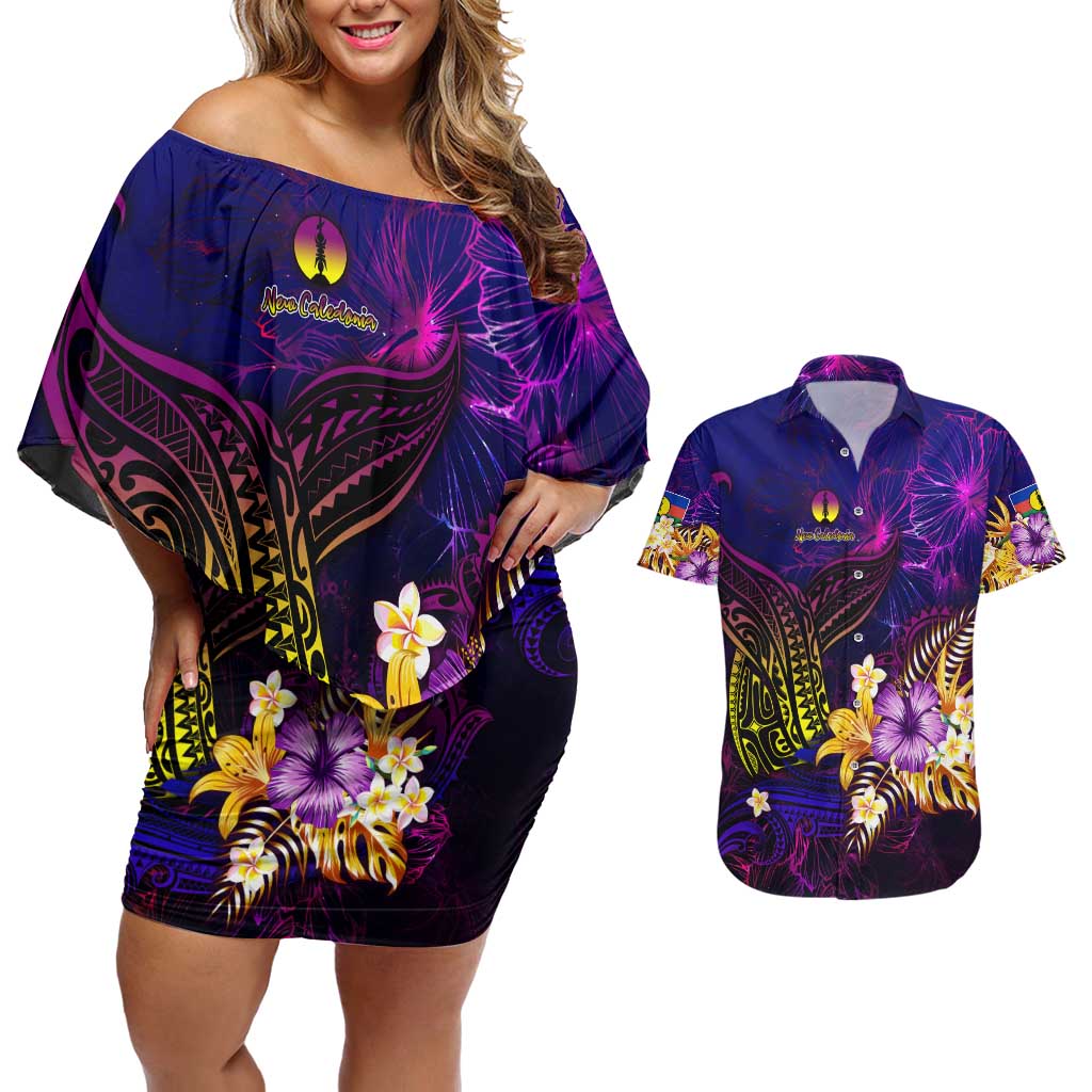 New Caledonia Couples Matching Off Shoulder Short Dress and Hawaiian Shirt Whale Hibiscus Polynesian