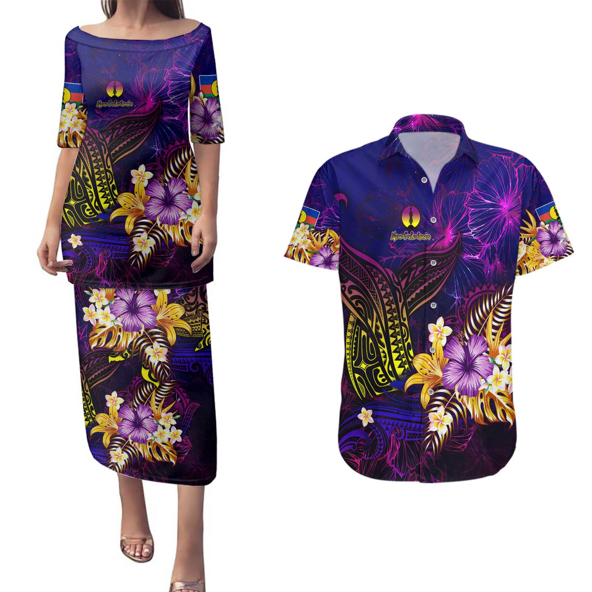 New Caledonia Couples Matching Puletasi and Hawaiian Shirt Whale Hibiscus Polynesian