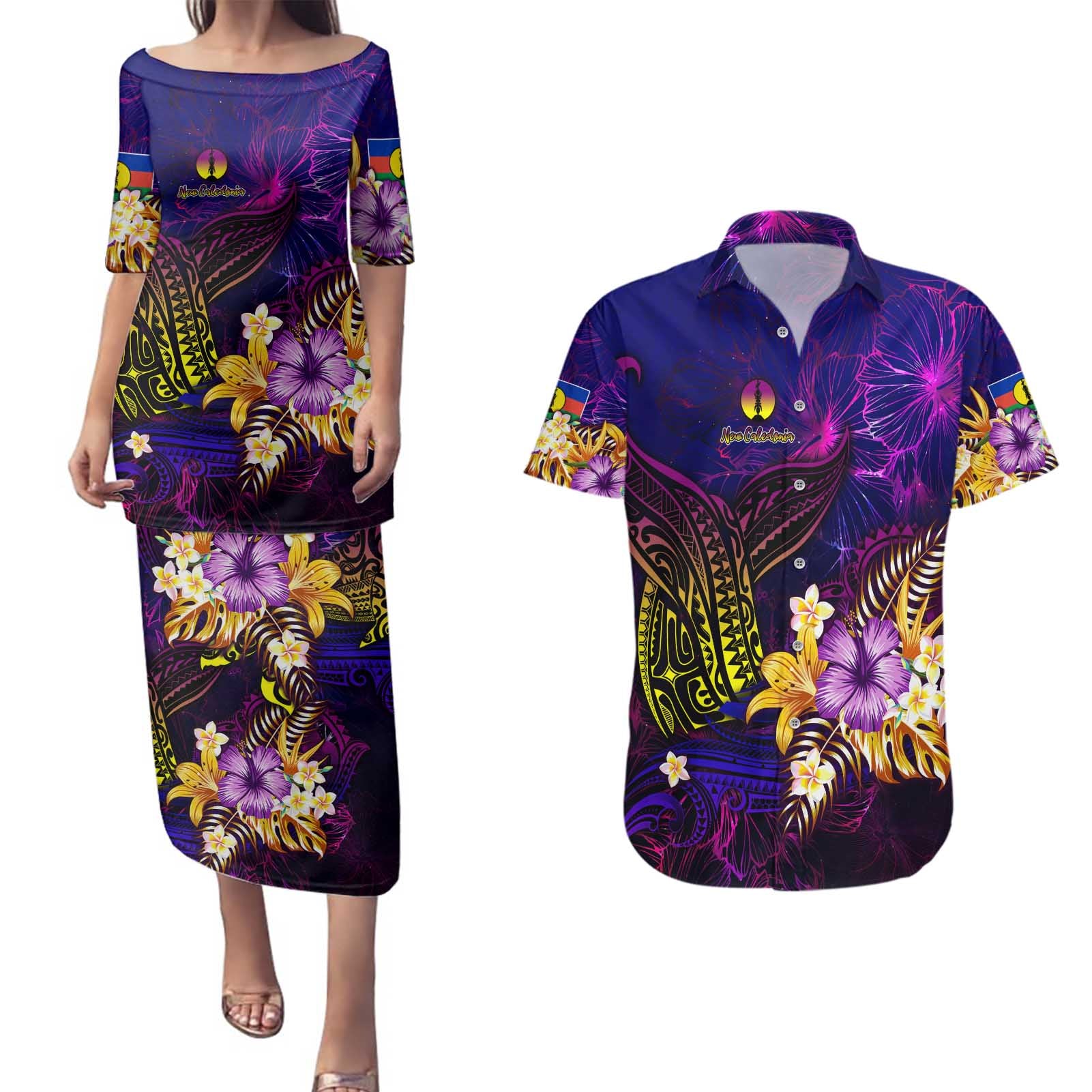 New Caledonia Couples Matching Puletasi and Hawaiian Shirt Whale Hibiscus Polynesian