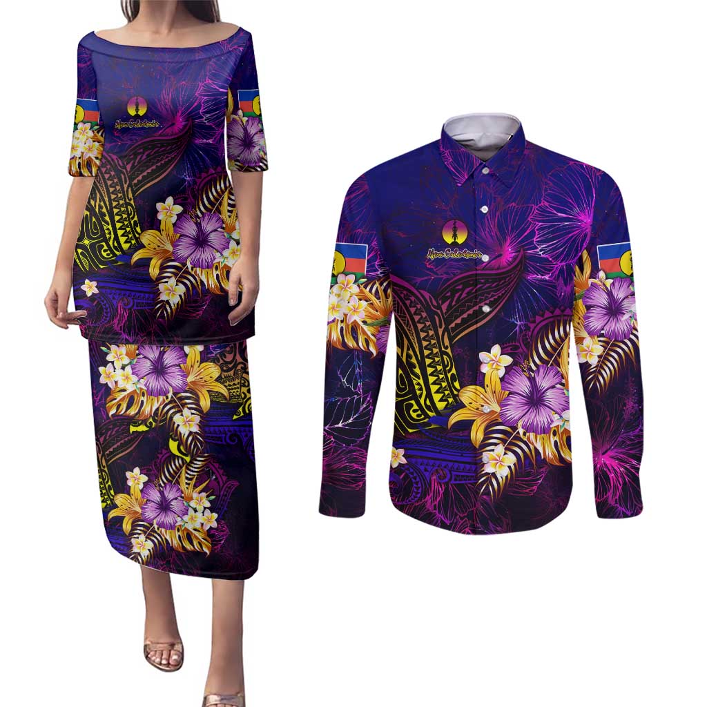 New Caledonia Couples Matching Puletasi and Long Sleeve Button Shirt Whale Hibiscus Polynesian