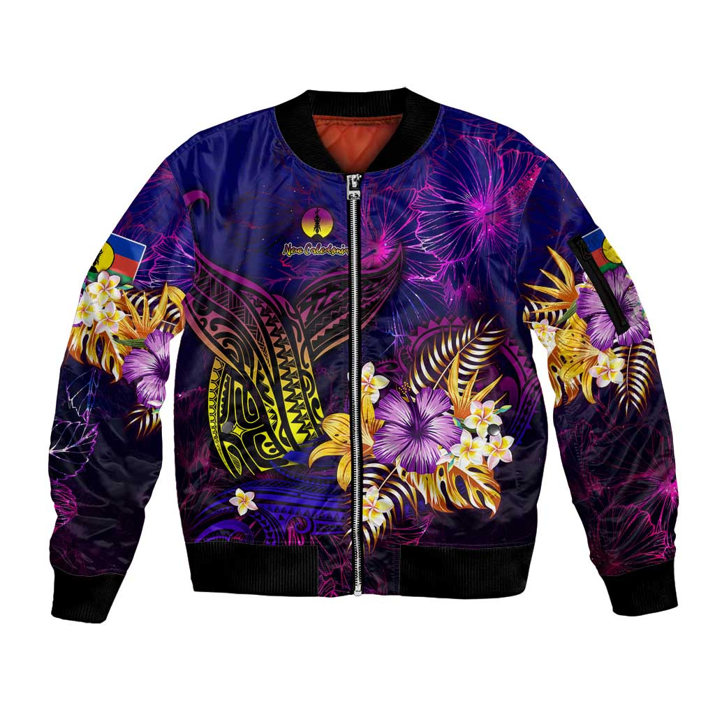 New Caledonia Sleeve Zip Bomber Jacket Whale Hibiscus Polynesian