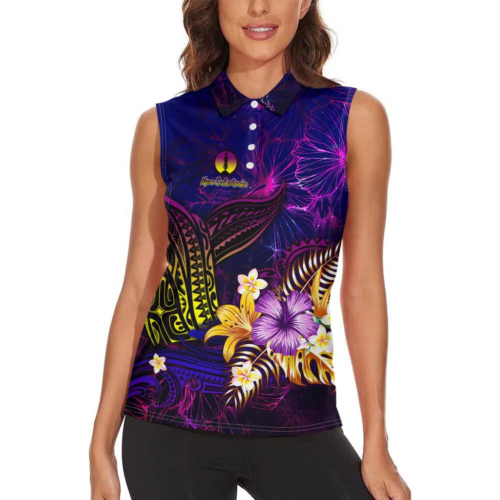 New Caledonia Women Sleeveless Polo Shirt Whale Hibiscus Polynesian