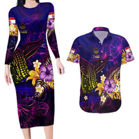 Tahiti French Polynesia Couples Matching Long Sleeve Bodycon Dress and Hawaiian Shirt Whale Hibiscus Polynesian
