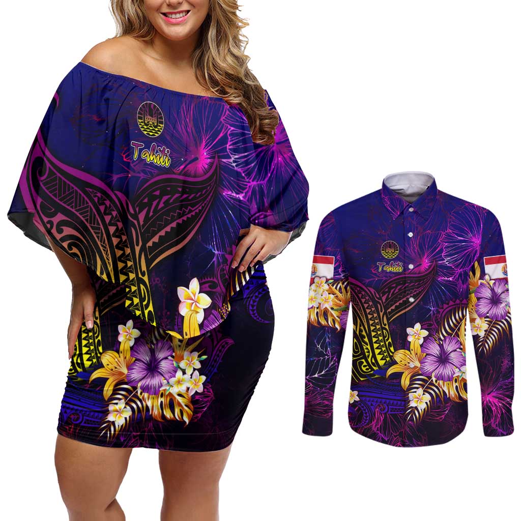 Tahiti French Polynesia Couples Matching Off Shoulder Short Dress and Long Sleeve Button Shirt Whale Hibiscus Polynesian DT02 Purple - Polynesian Pride