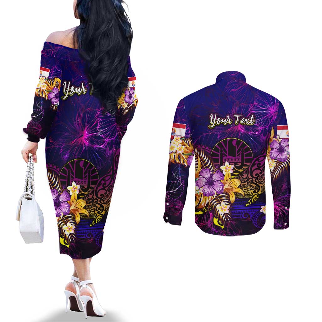 Tahiti French Polynesia Couples Matching Off The Shoulder Long Sleeve Dress and Long Sleeve Button Shirt Whale Hibiscus Polynesian
