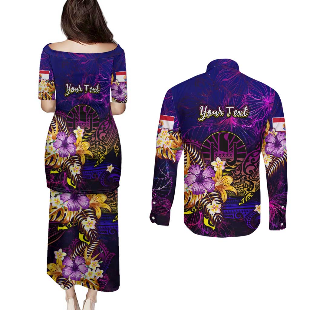 Tahiti French Polynesia Couples Matching Puletasi and Long Sleeve Button Shirt Whale Hibiscus Polynesian