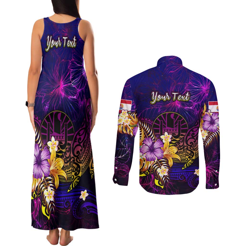 Tahiti French Polynesia Couples Matching Tank Maxi Dress and Long Sleeve Button Shirt Whale Hibiscus Polynesian