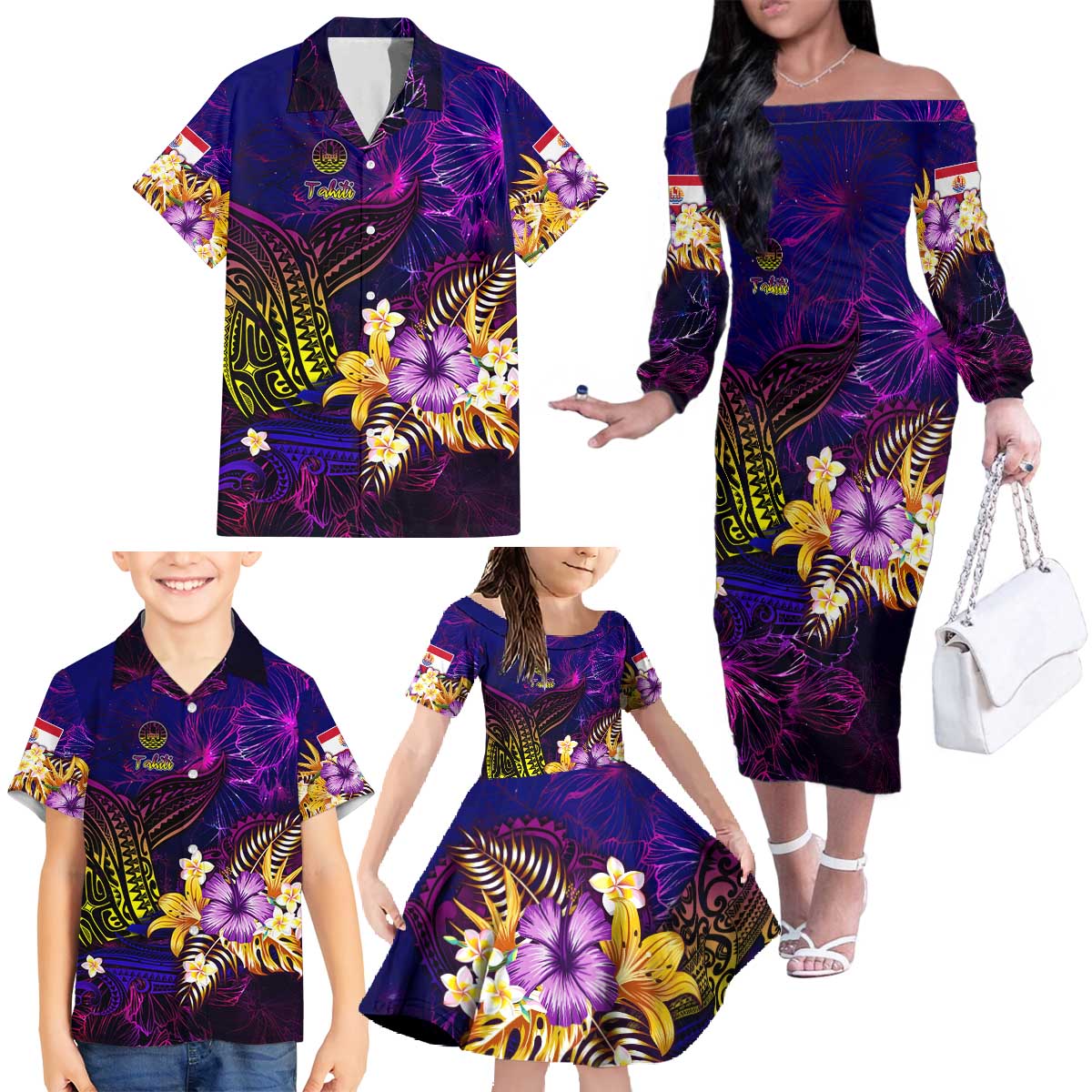 Tahiti French Polynesia Family Matching Off The Shoulder Long Sleeve Dress and Hawaiian Shirt Whale Hibiscus Polynesian