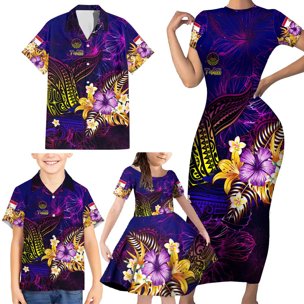 Tahiti French Polynesia Family Matching Short Sleeve Bodycon Dress and Hawaiian Shirt Whale Hibiscus Polynesian