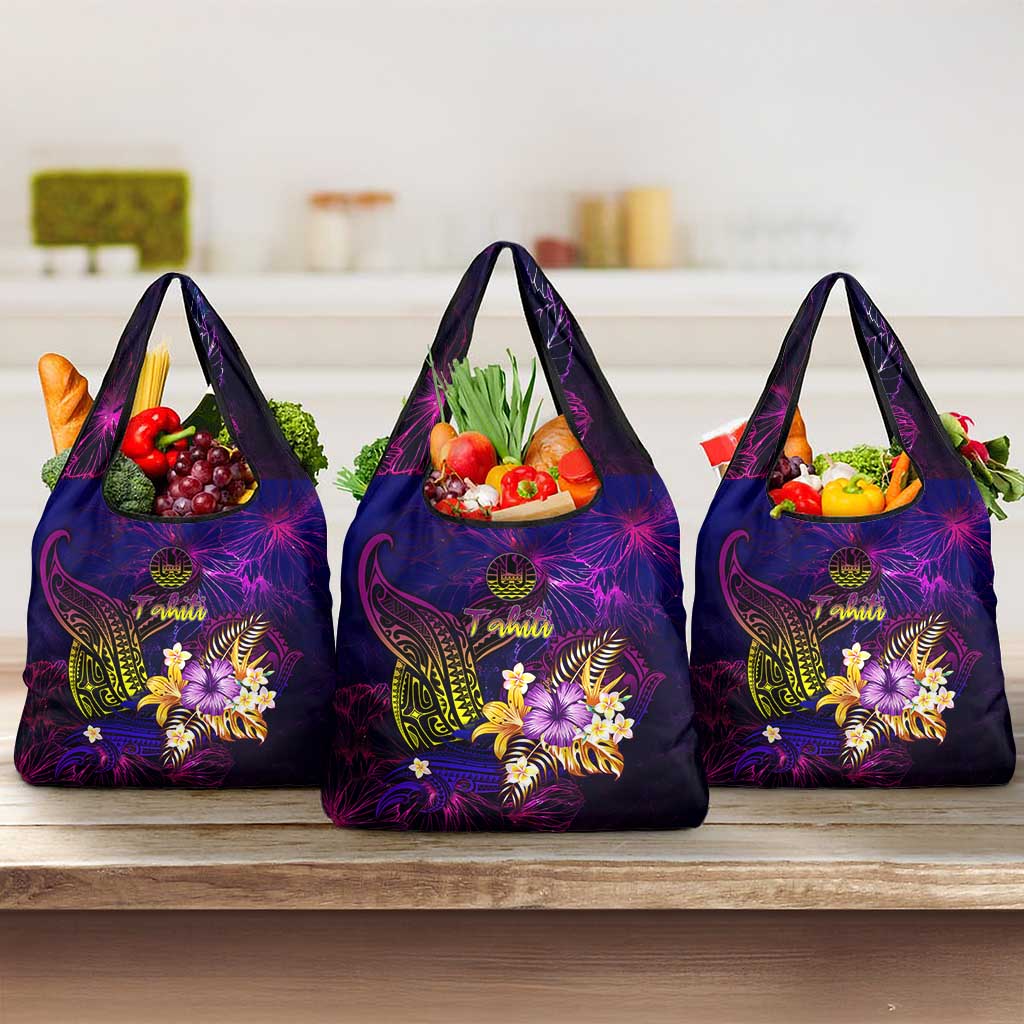 Tahiti French Polynesia Grocery Bag Whale Hibiscus Polynesian DT02 3-pack One Size Purple - Polynesian Pride
