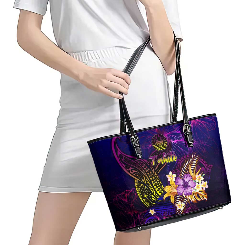 Tahiti French Polynesia Leather Tote Bag Whale Hibiscus Polynesian