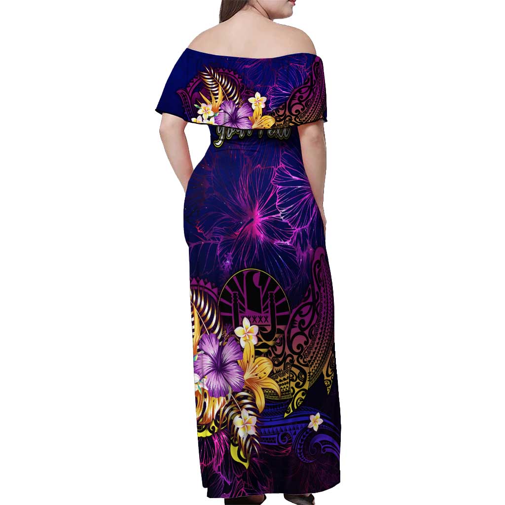Tahiti French Polynesia Off Shoulder Maxi Dress Whale Hibiscus Polynesian