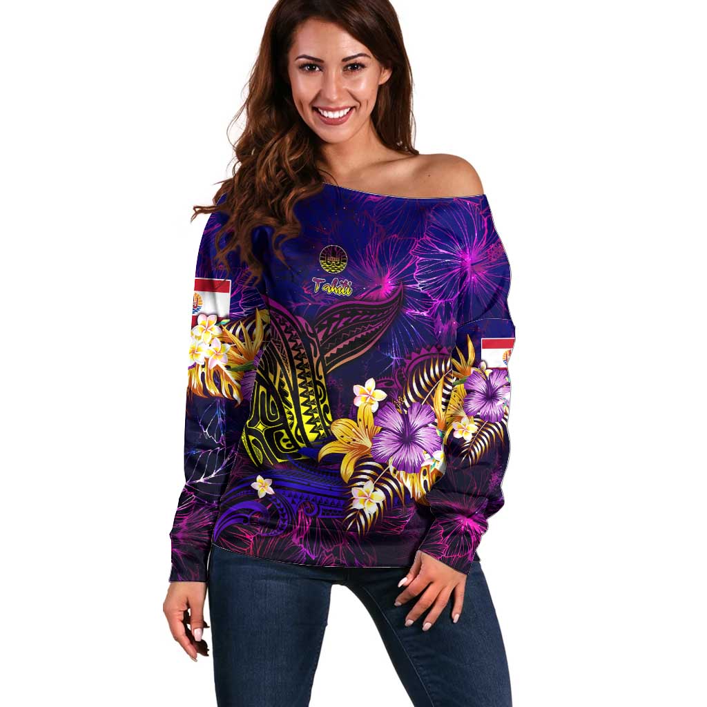 Tahiti French Polynesia Off Shoulder Sweater Whale Hibiscus Polynesian