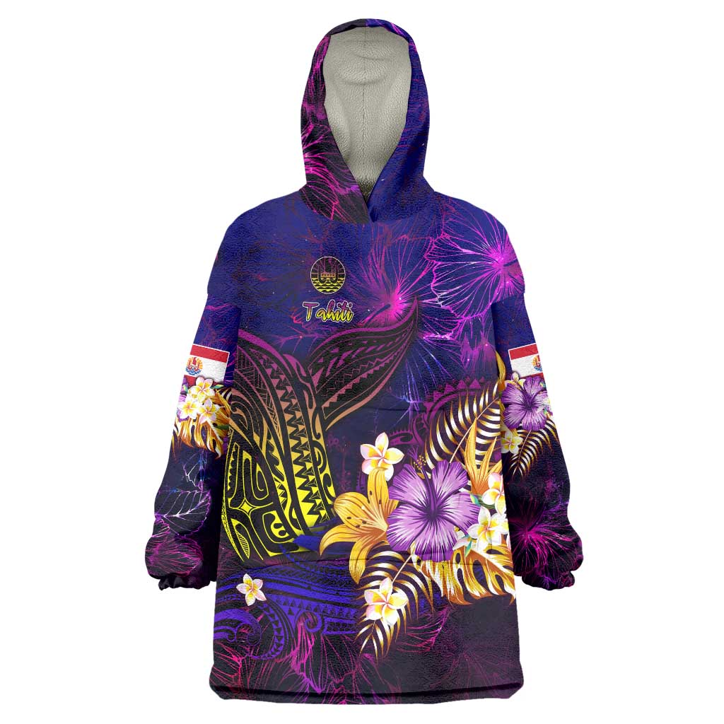 Tahiti French Polynesia Wearable Blanket Hoodie Whale Hibiscus Polynesian