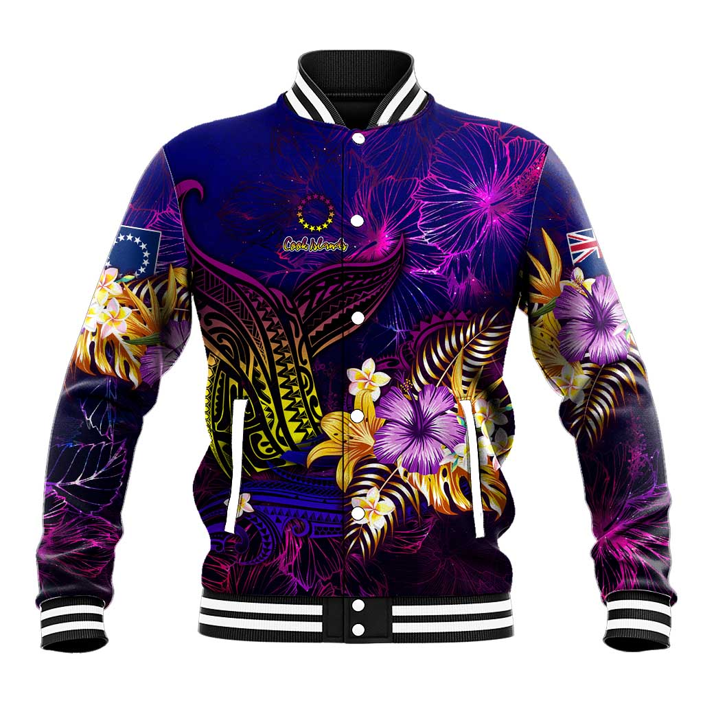 Cook Islands Baseball Jacket Whale Hibiscus Polynesian