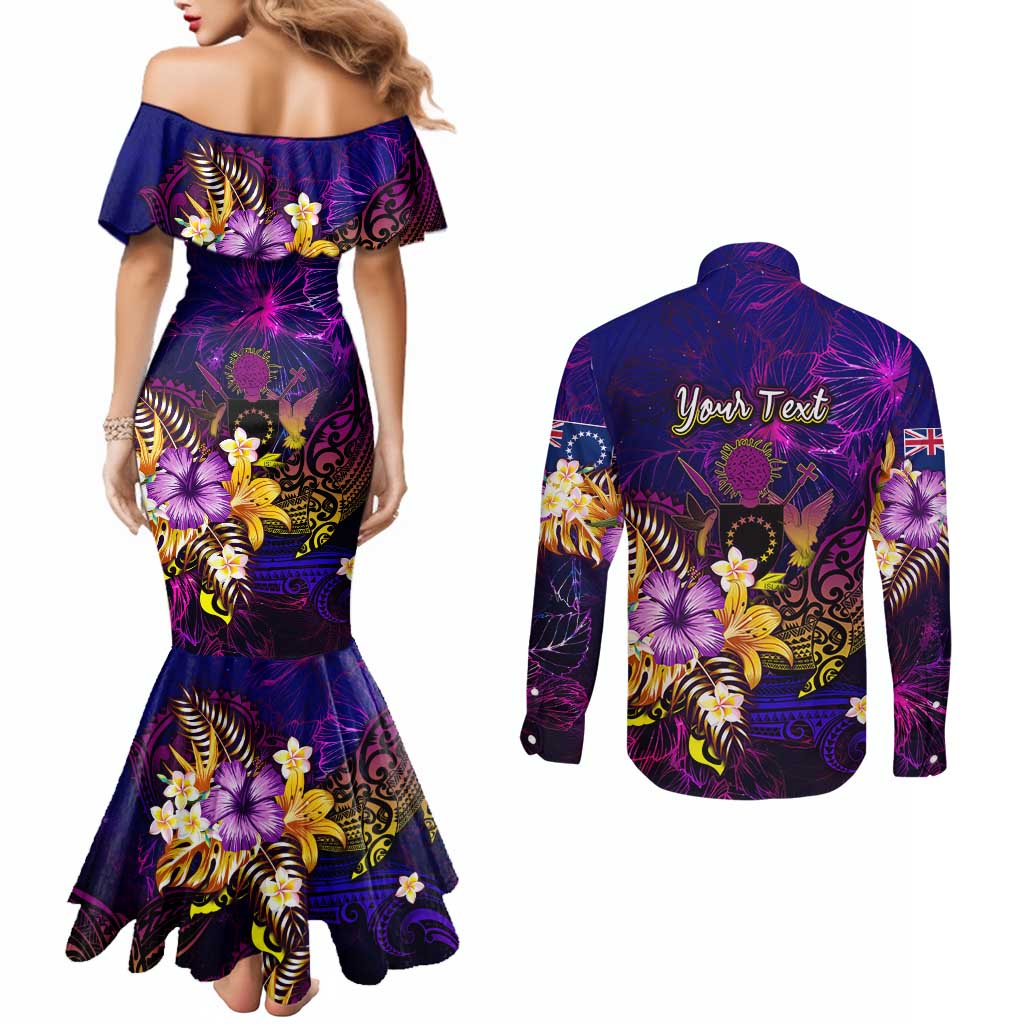 Cook Islands Couples Matching Mermaid Dress and Long Sleeve Button Shirt Whale Hibiscus Polynesian DT02 - Polynesian Pride