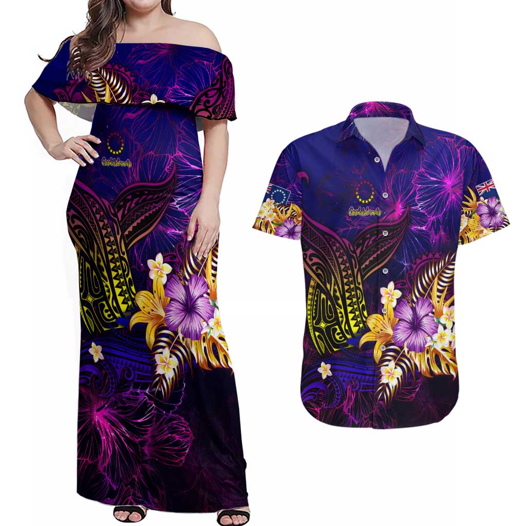 Cook Islands Couples Matching Off Shoulder Maxi Dress and Hawaiian Shirt Whale Hibiscus Polynesian DT02 Purple - Polynesian Pride
