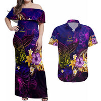 Cook Islands Couples Matching Off Shoulder Maxi Dress and Hawaiian Shirt Whale Hibiscus Polynesian DT02 Purple - Polynesian Pride