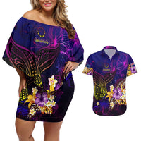 Cook Islands Couples Matching Off Shoulder Short Dress and Hawaiian Shirt Whale Hibiscus Polynesian DT02 Purple - Polynesian Pride