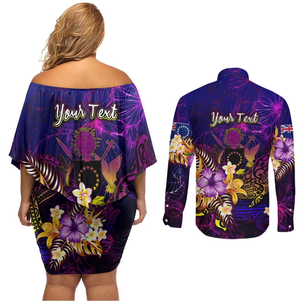 Cook Islands Couples Matching Off Shoulder Short Dress and Long Sleeve Button Shirt Whale Hibiscus Polynesian DT02 - Polynesian Pride