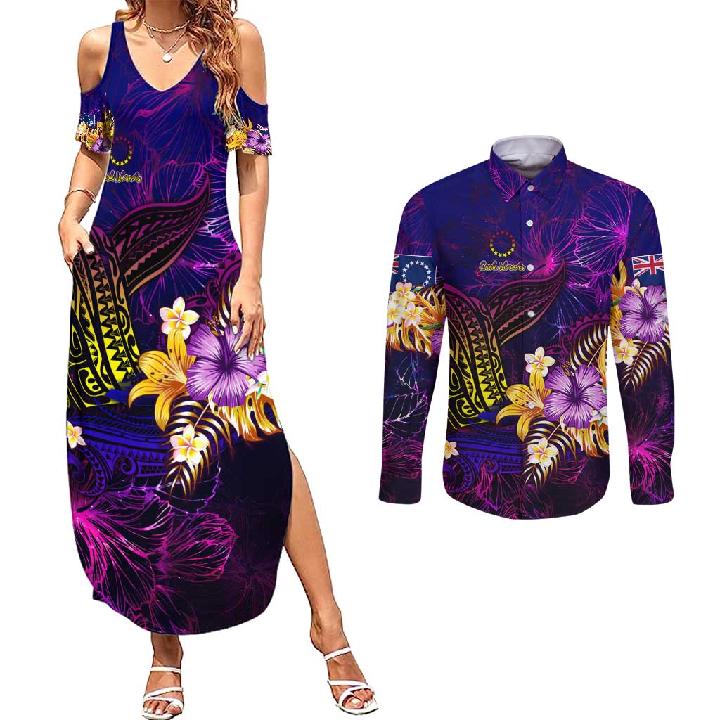 Cook Islands Couples Matching Summer Maxi Dress and Long Sleeve Button Shirt Whale Hibiscus Polynesian DT02 Purple - Polynesian Pride