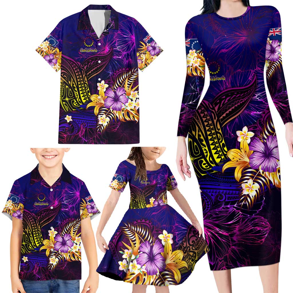 Cook Islands Family Matching Long Sleeve Bodycon Dress and Hawaiian Shirt Whale Hibiscus Polynesian DT02 - Polynesian Pride