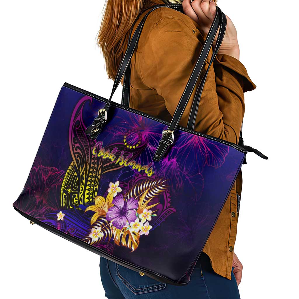 Cook Islands Leather Tote Bag Whale Hibiscus Polynesian