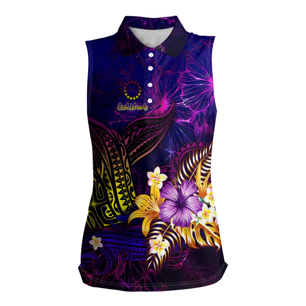Cook Islands Women Sleeveless Polo Shirt Whale Hibiscus Polynesian