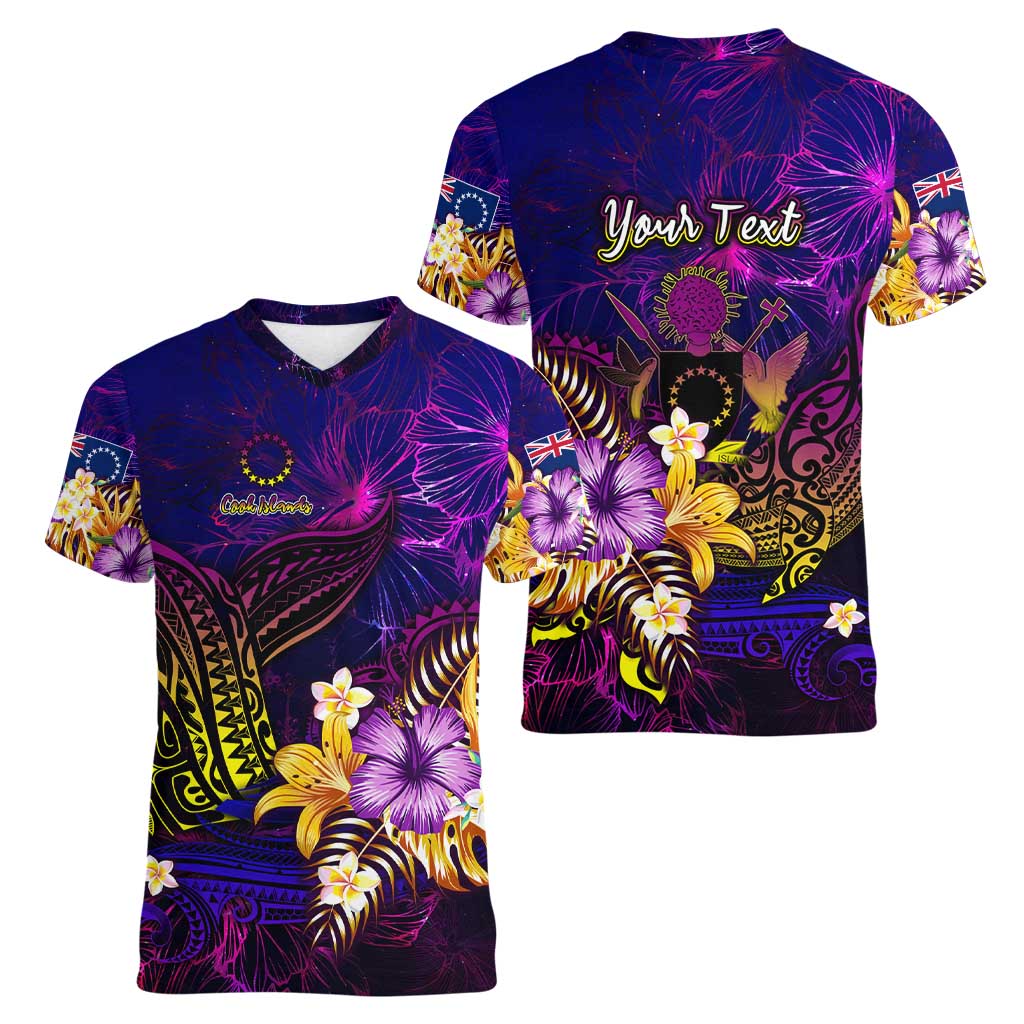 Cook Islands Women V-Neck T-Shirt Whale Hibiscus Polynesian