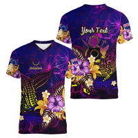 Cook Islands Women V-Neck T-Shirt Whale Hibiscus Polynesian