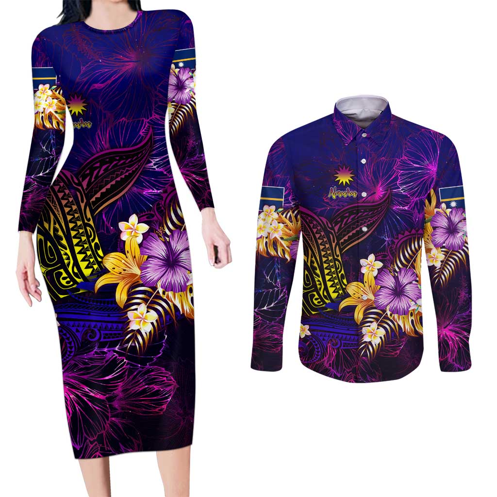 Nauru Couples Matching Long Sleeve Bodycon Dress and Long Sleeve Button Shirt Whale Hibiscus Polynesian