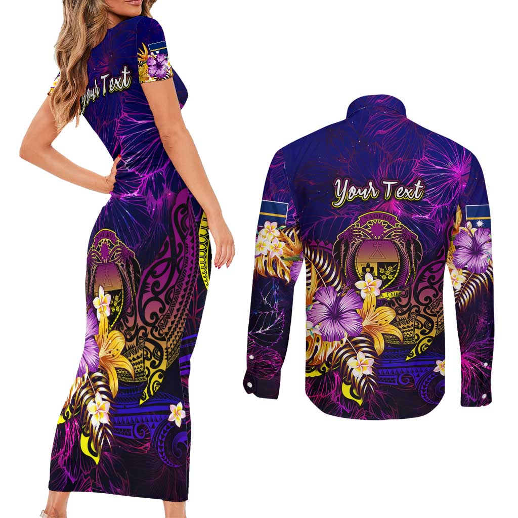 Nauru Couples Matching Short Sleeve Bodycon Dress and Long Sleeve Button Shirt Whale Hibiscus Polynesian