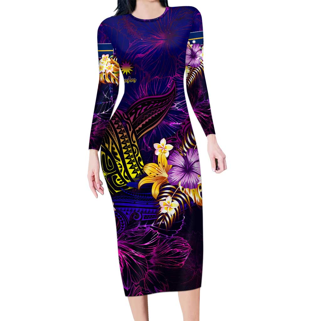 Nauru Long Sleeve Bodycon Dress Whale Hibiscus Polynesian