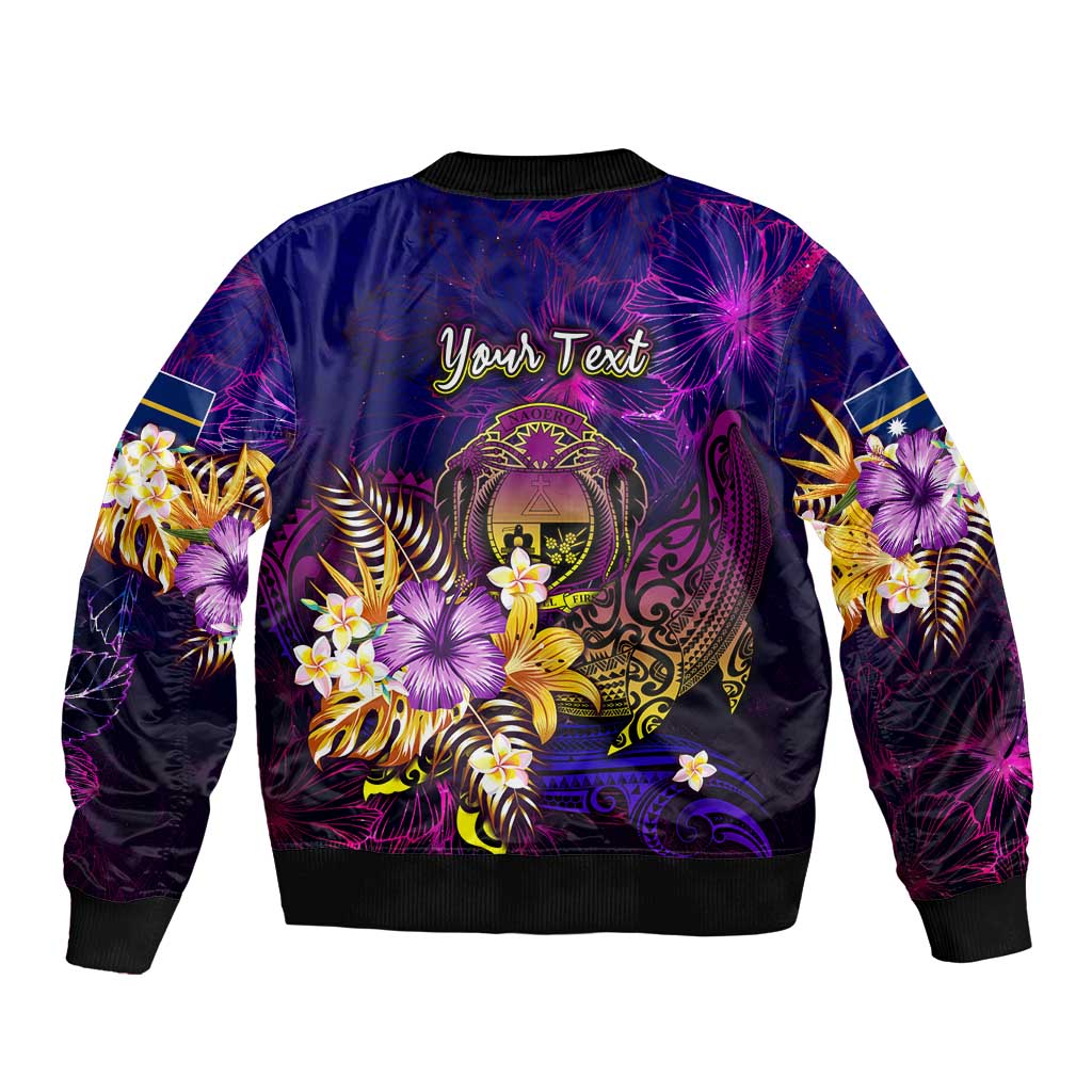 Nauru Sleeve Zip Bomber Jacket Whale Hibiscus Polynesian