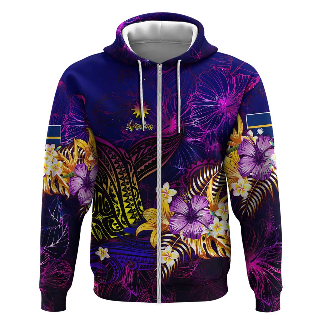 Nauru Zip Hoodie Whale Hibiscus Polynesian