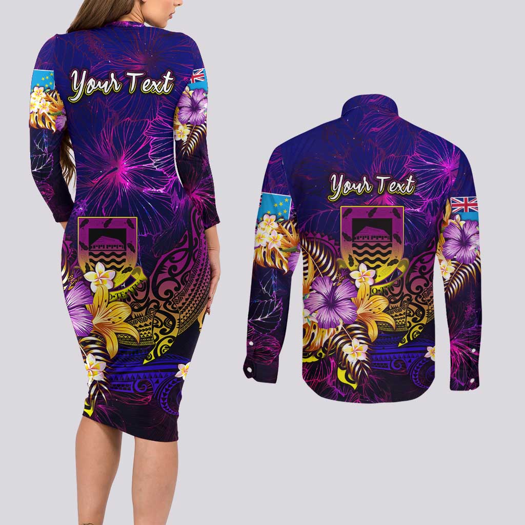 Tuvalu Couples Matching Long Sleeve Bodycon Dress and Long Sleeve Button Shirt Whale Hibiscus Polynesian DT02 - Polynesian Pride